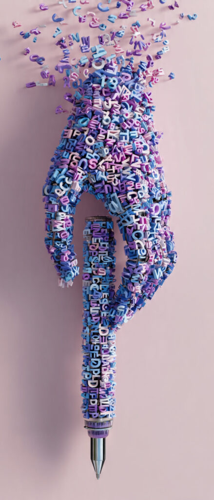 Cyfrowa dłoń z liter i kodu trzymająca długopis jako metafora AI pisanie tekstów i kreatywnego tworzenia treści