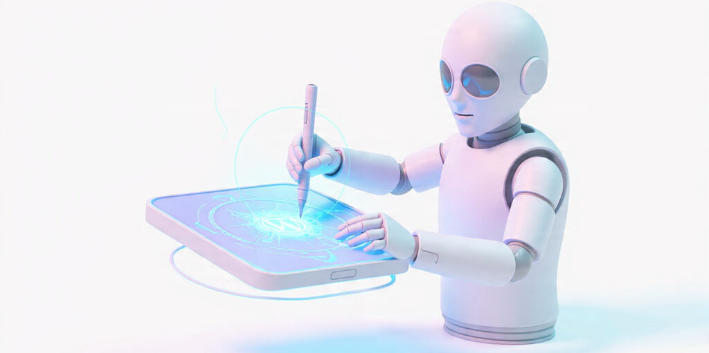 Robot piszący na tablecie jako symbol AI pisanie tekstów i automatyzacji tworzenia treści