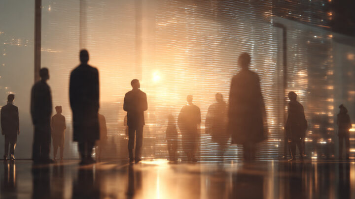 Etyka AI – ludzie pracujący z holograficznym interfejsem AI w nowoczesnym laboratorium przyszłości